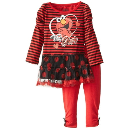 Sesame St Baby Girls' Elmo 2 Piece Stripe Long Sleeve Legging Set, Chinese Red, 12 Months
