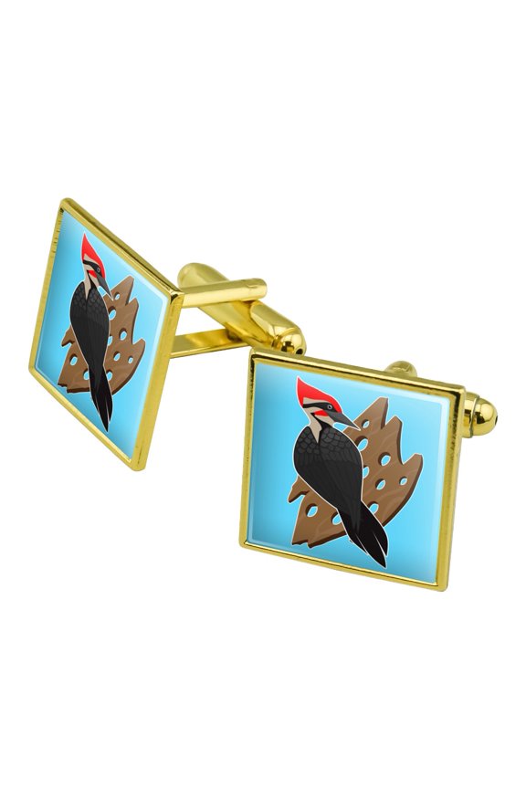 Woodpecker on Wood with Holes Square Cufflink Set - Silver or Gold