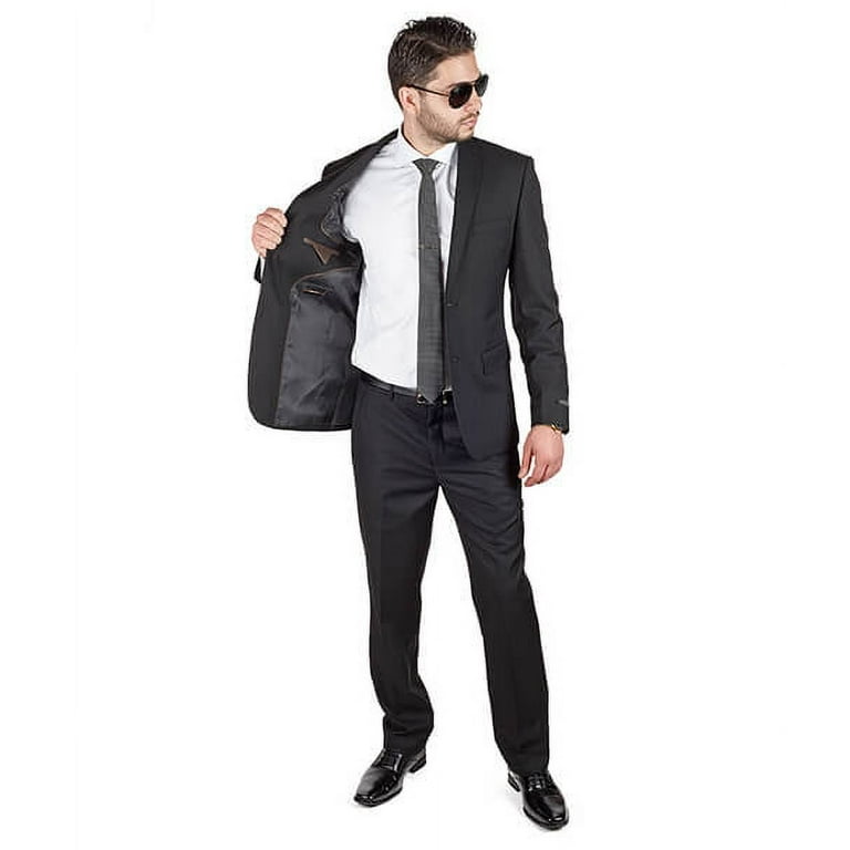 Slim Fit Men Suit Solid Black 2 Button Notch Lapel Flat Front