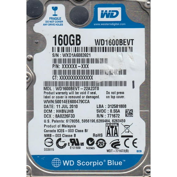 WD1600BEVT-22A23T0, DCM HHBVJHBB, Western Digital 160GB SATA 2.5 Hard Drive