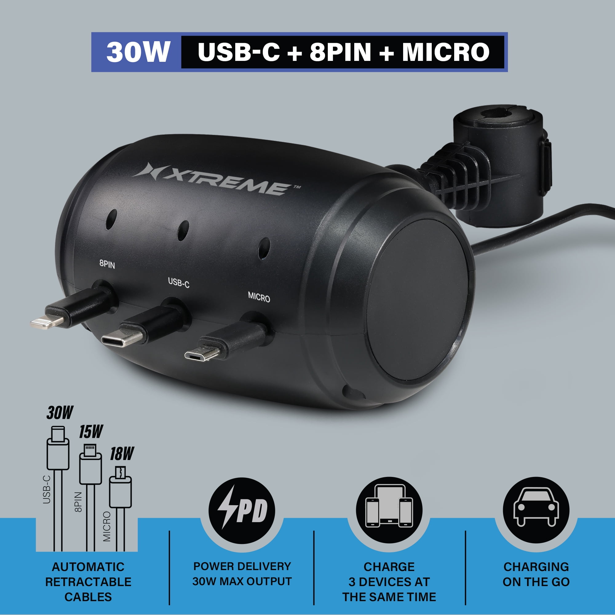 Xtreme Power 30W Retractable 3-in-1 12V Headrest Charging Station – USB-C, 8PIN & Micro, Automatic Cable Management, Car Charger for Backseat Passengers, Ride Sharing, SUVs & Vans, Pro Series,