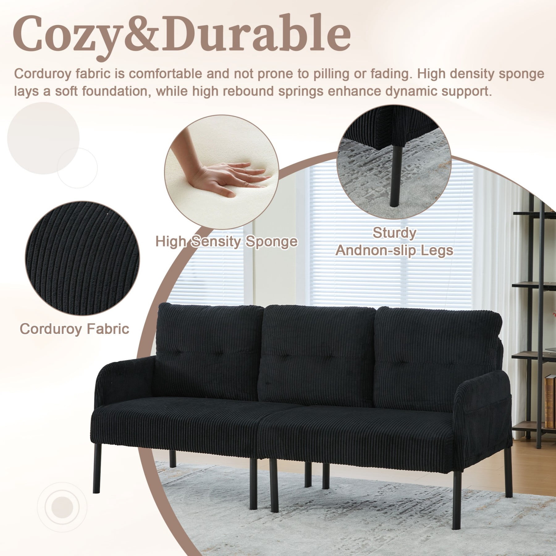 Oversized Loveseat Sofa, Modern Corduroy Upholstered Couch with Side Pockets & Metal Legs for Living Room Bedroom, Black