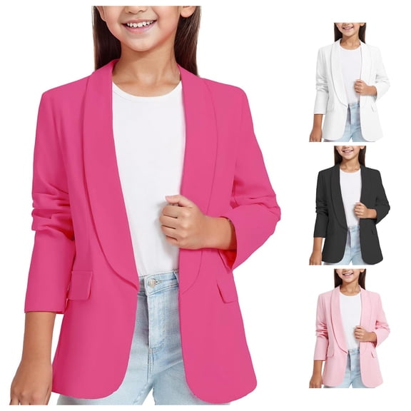 SUXIAN Toddler Girl Blouses Long Sleeve Shawl Collar Formal Suit Jacket Open Front Inner Pocket for Kids Girls Top Hot Pink_001 13-14 Years