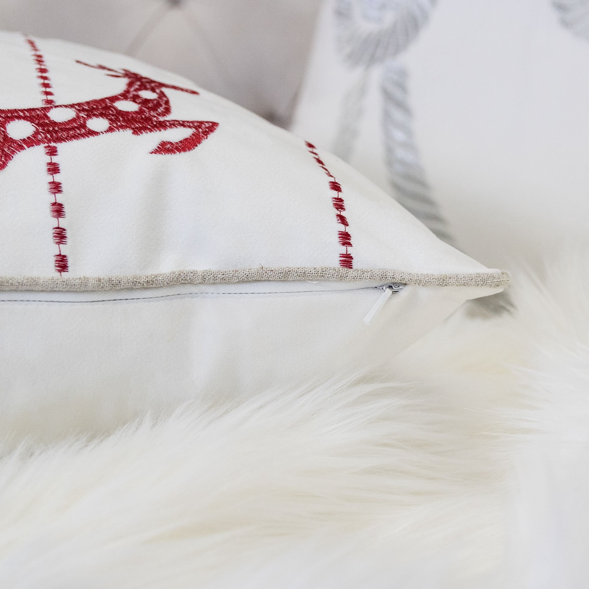 Red Christmas Embroidered Throw Pillow with Reindeer Ornaments Trees Snowflakes 20x20 Inch Holiday Decor