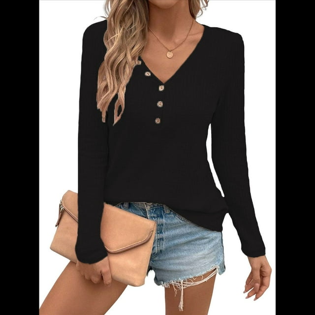 Blusa de Otoño con Cuello en V, Larga, Cuello Halter y Botones, Informal, Elegante, de Punto Gofre para Mujer. Negro XL