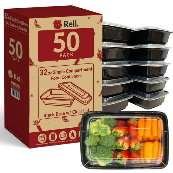 Reli. Contenedores de preparación de comidas (paquete de 50, 32 oz.) | Recipientes para alimentos de 1 compartimento con tapas | Apto para microondas, congelador y lavavajillas - Bento Box
