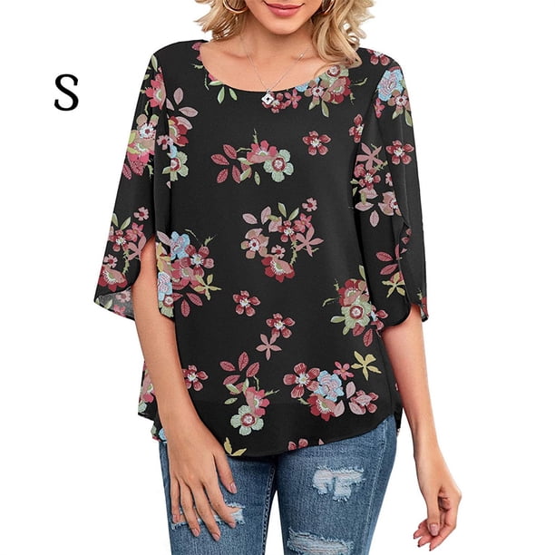Qarigey Camisa de mujer Estampado de media manga Top Camisa de mujer Estampado de medio cuello Blusa informal Prendas para la parte del cuerpo cártamo negro S