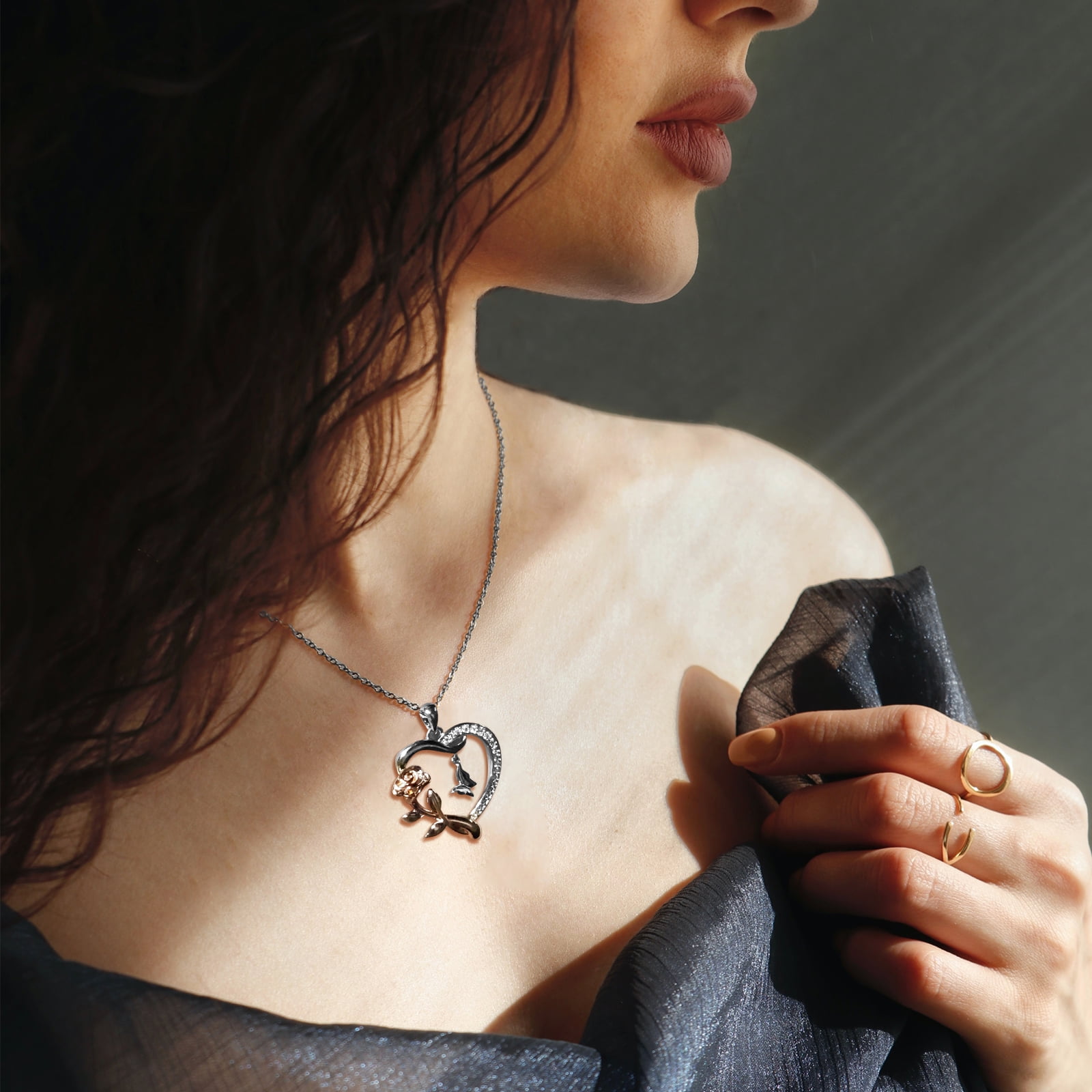 Heart Necklace for Women Sterling Silver CZ Romantic Rose and Butterfly Jewelry for Women Birthday Valentine's Day Gift(Silver)