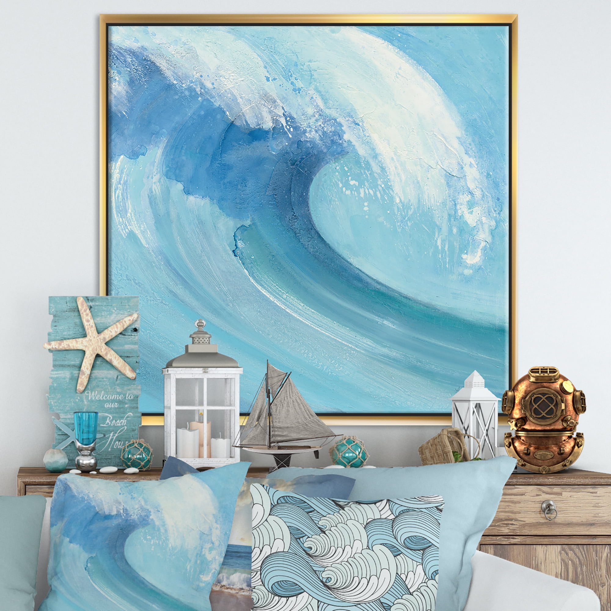Designart ' Ocean Wave Handpainted with White Foam ' Nautical & Coastal Framed Canvas