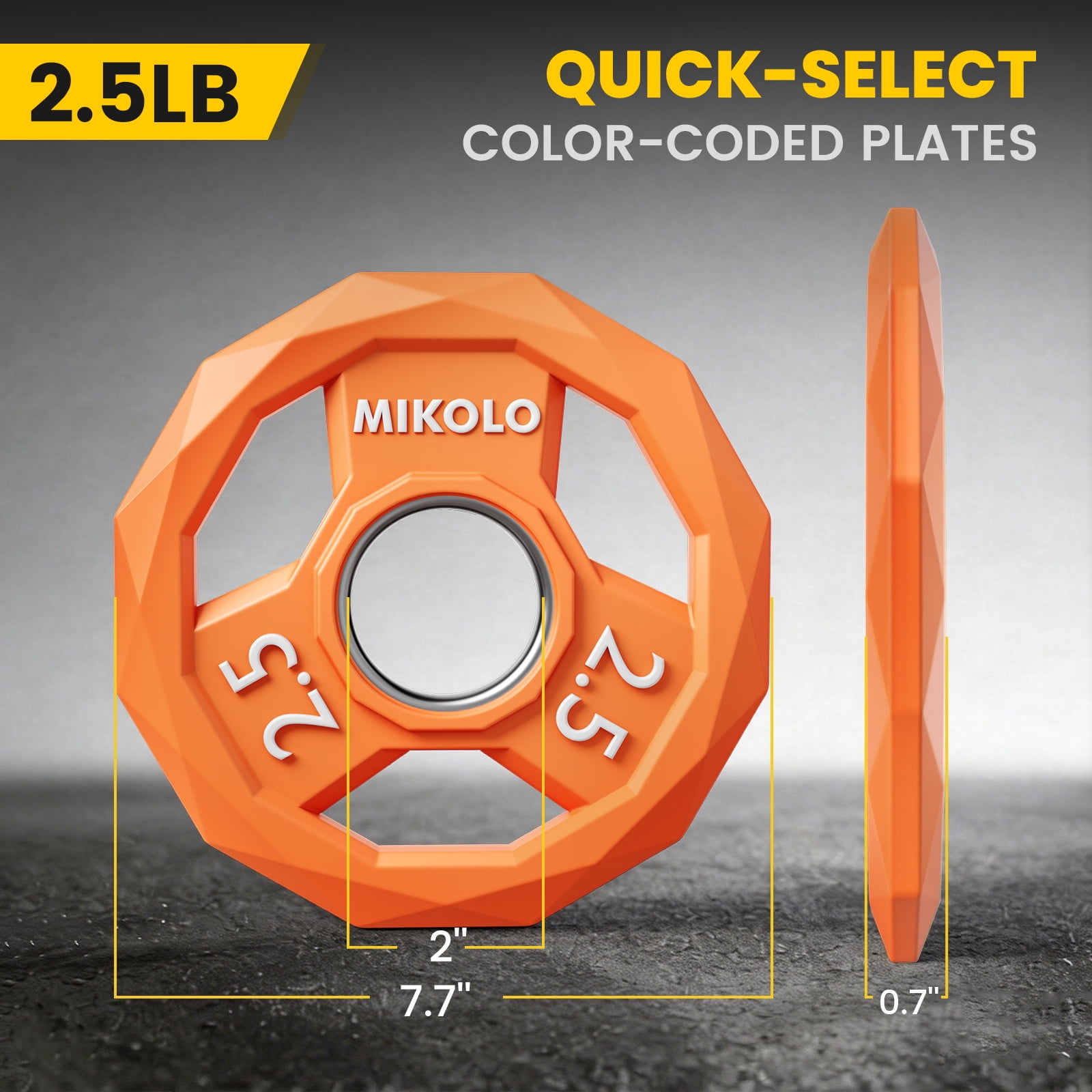 MIKOLO Color Coded Weight Plate 2-Inch Rubber Coated Olympic Grip Plate for Barbell, Solid Cast Iron for Strength Training, Weightlifting, Crossfit, Home Gym, 5LB, 2.5LB Pair