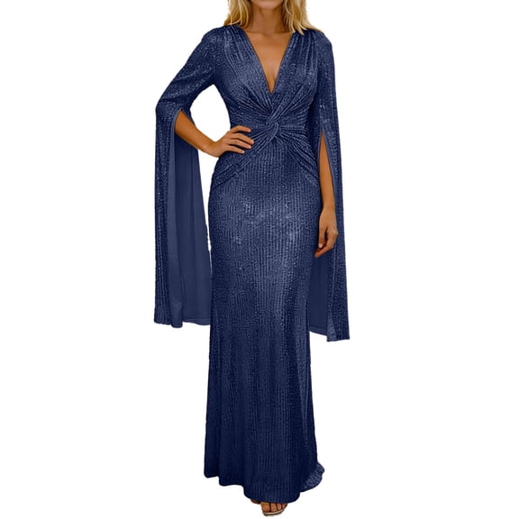 Womens Elegant Party Dress with Sequin Detail Long Sleeve V Neck Evening Gown for Events Blue L