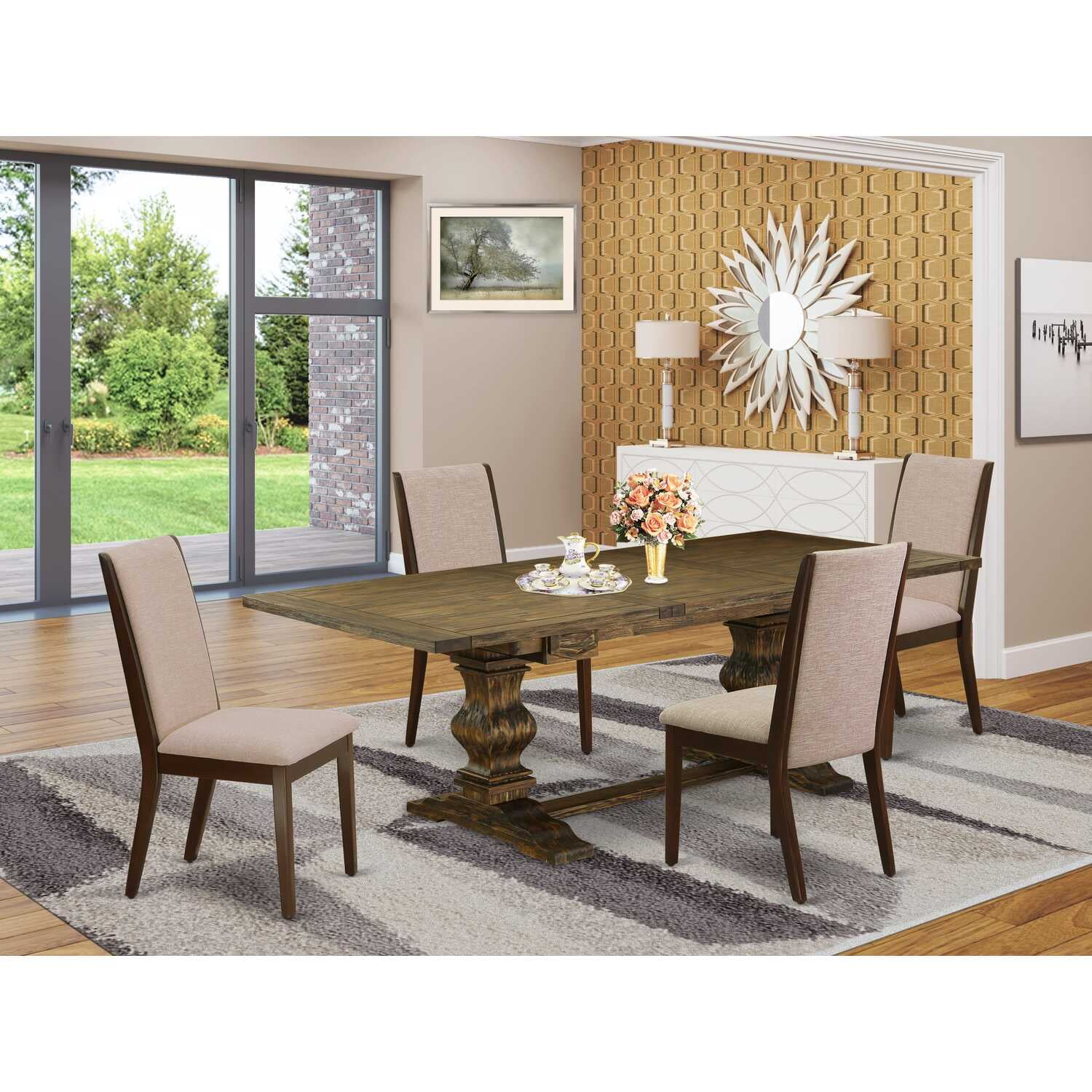 East West Furniture Lassale 5-piece Wood Dining Set in Jacobean Brown/Light Tan