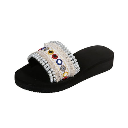 

ZTTD Women s Fashion Sequined Pearl Set Foot Beach Casual Large Size Sandals Women s Slipper A