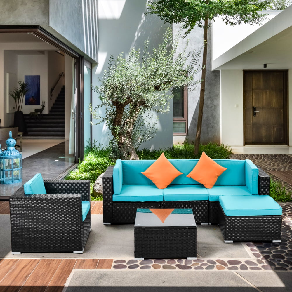 OC Orange-Casual Outdoor Furniture Sectional Sofa Set All-Weather Brown PE Rattan Wicker Brown&Beige 6PCs 