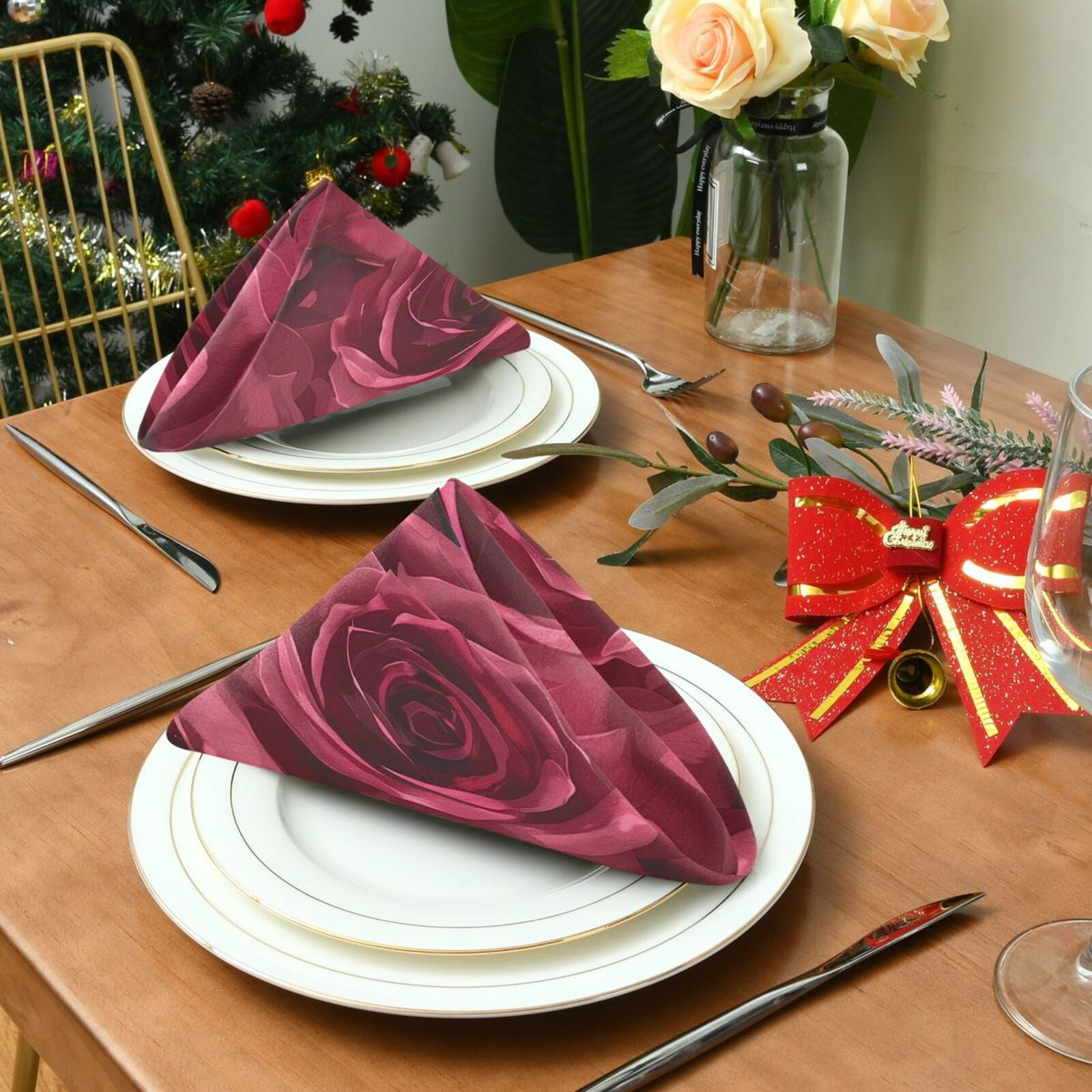 JSTEL Red Rose Flower Floral Cloth Napkins Set of 6, 20x20 Inch Washable and Reusable Napkin for Decoupage Dinner Party Everyday Use