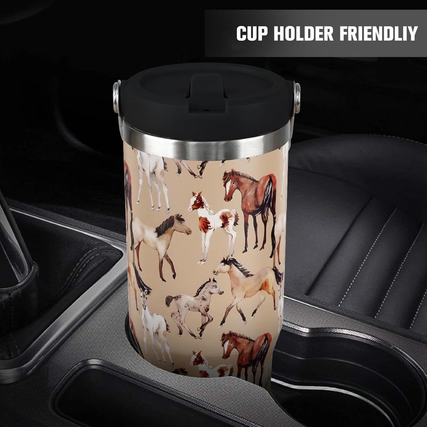 30 oz Horse Tumbler With Handle and Straw, 30oz Flip Straw Tumbler Insulated Coffee Travel Mugs Cup Water Bottle Gifts for Horse Lovers Women Girls