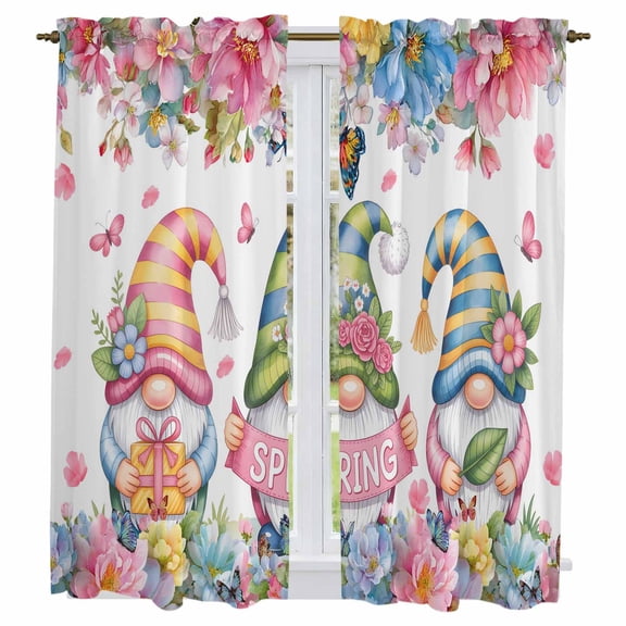Spring Gnomes Kitchen Curtains 63 Inch Length, Colorful Flowers Watercolor Butterfly Floral Plant Tiers Curtains for Living Room Berdoom, Light Filtering Drapes Window Treatment 2 Panels 42"Wx63"L