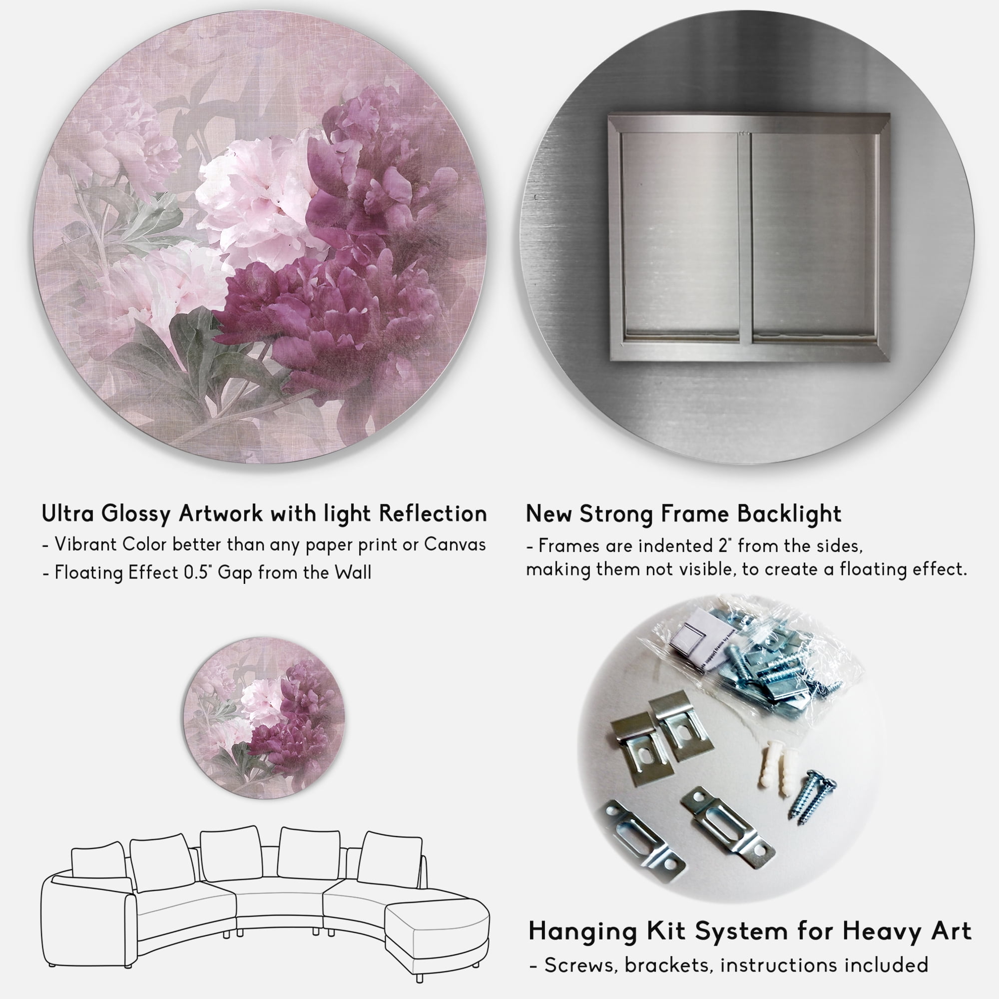 Designart 'Ancient Pink and Purple Flowers II' Traditional Circle Metal Wall Art 23x23 - Disc of 23