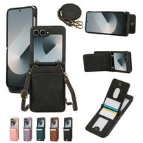 for Samsung Galaxy Z Flip 6 Wallet Case with Shoulder Lanyard Strap, Crossbody Phone Case with Card Holder Slots for Women Girls, Luxury PU Leather Flip Stand Purse Cover Shockproof Case, Black