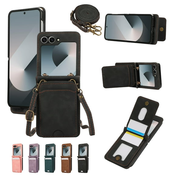 Allytechgroup for Samsung Galaxy Z Flip 6 Case/Z Flip 7 FE Case, Crossbody Shoulder Strap Premium PU Leather Cards Slots Stand Feature Shockproof Bumper Drop Protection Phone Case Cover, Black