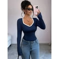 thumbnail image 5 of Women'S Sweetheart Neck Fitted T Shirts Long Bell Sleeve Ribbed Knit Tops Navy Blue L, 5 of 7