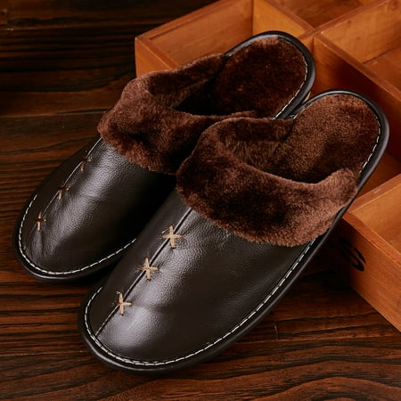 Men Couple Winter Warm Fuzzy Cow Leather House Slippers Fleece Lined Home Slip On Shoes Causal Daily Outdoor Brown Dark Brown