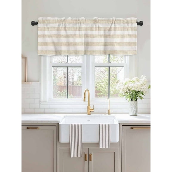 Kitchen Valances for Window, Vintage Yellow Stripe on Linen Light Filtering Rod Pocket Valance Curtain, Farmhouse Line Short Curtains Window Topper for Bedroom Bathroom Living Room 54x18in