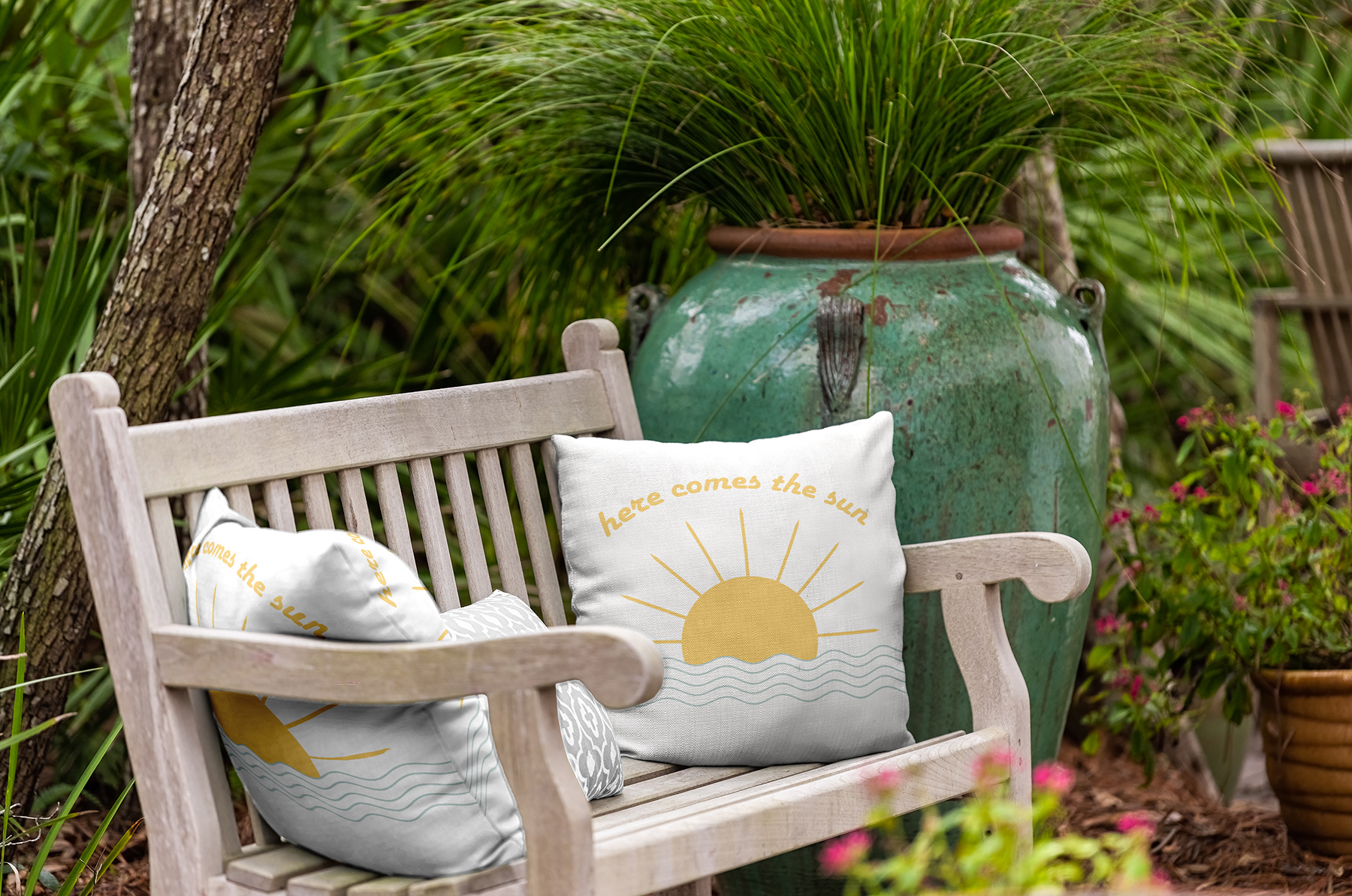 Simply Daisy 20" x 20" Here Comes The Sun Indoor/Outdoor Throw Pillow, Aqua (1 count)