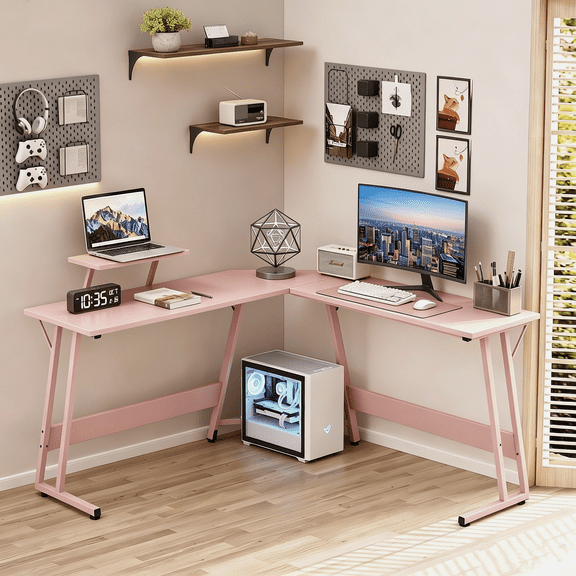 BIQWBIC 50 inch L-Shaped Gaming Desk with Monitor Stand, 176LB Heavy Duty Home Office Workstation, Pink