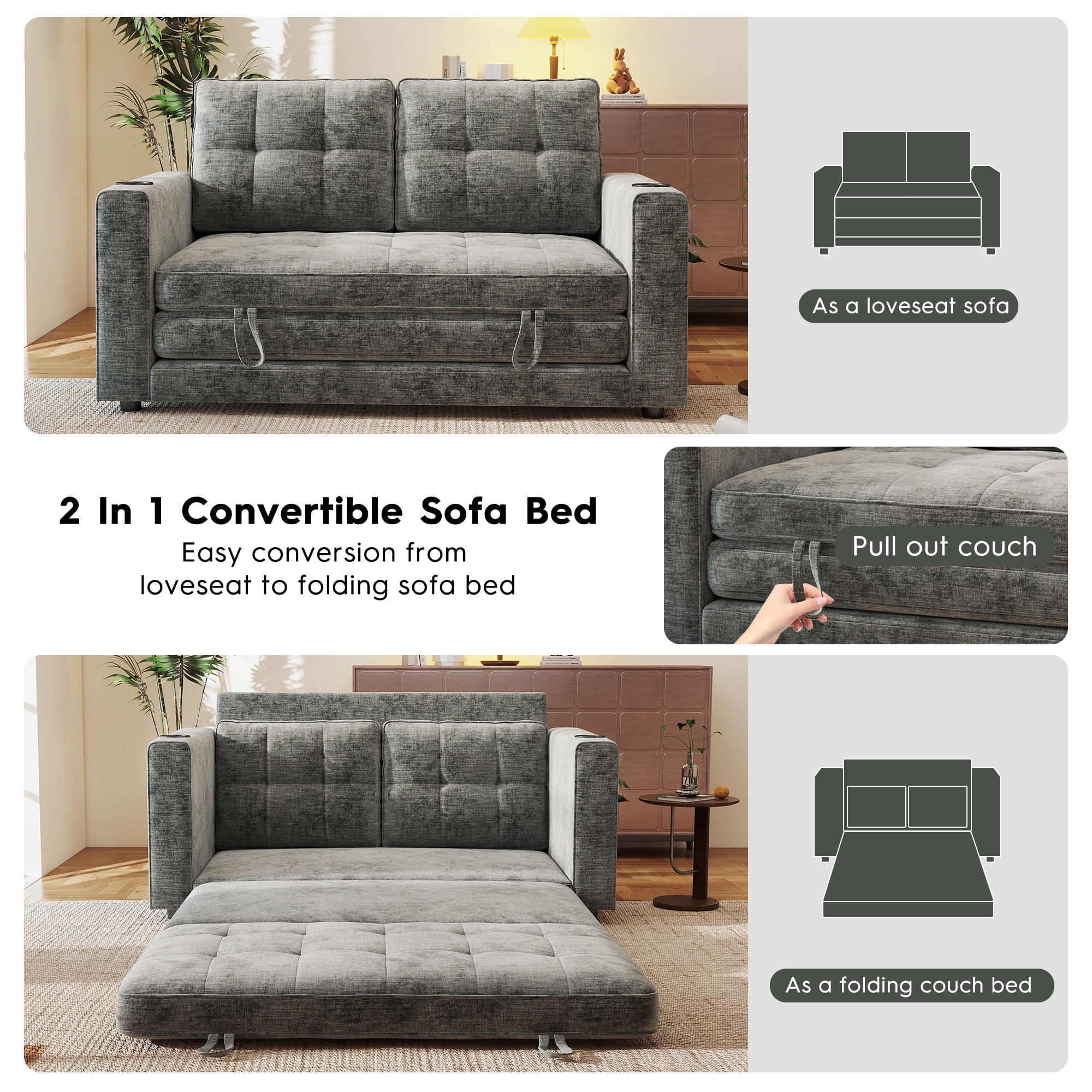 BedLuxury 55" Foldable Loveseat Futon Sofa Bed with Cup Holder & Storage Pocket, Sleeper Couch, Space Saving, Chenille Gray