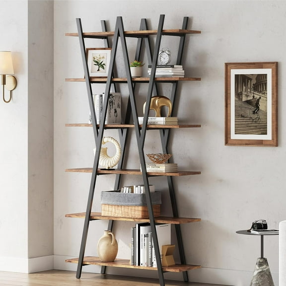 74 Inch Industrial Tall Bookshelf, 6 Tier Bookshelf, Free Standing Open Book Shelves Storage Display Shelf, Book Shelf for Living Room, Home Office, Rustic Brown