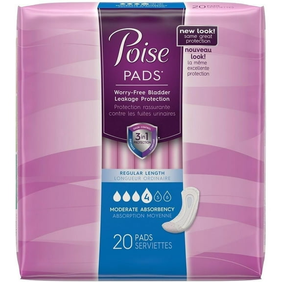 Poise Moderate Absorbency Pads, Regular Length, 20 ct Pack of 2