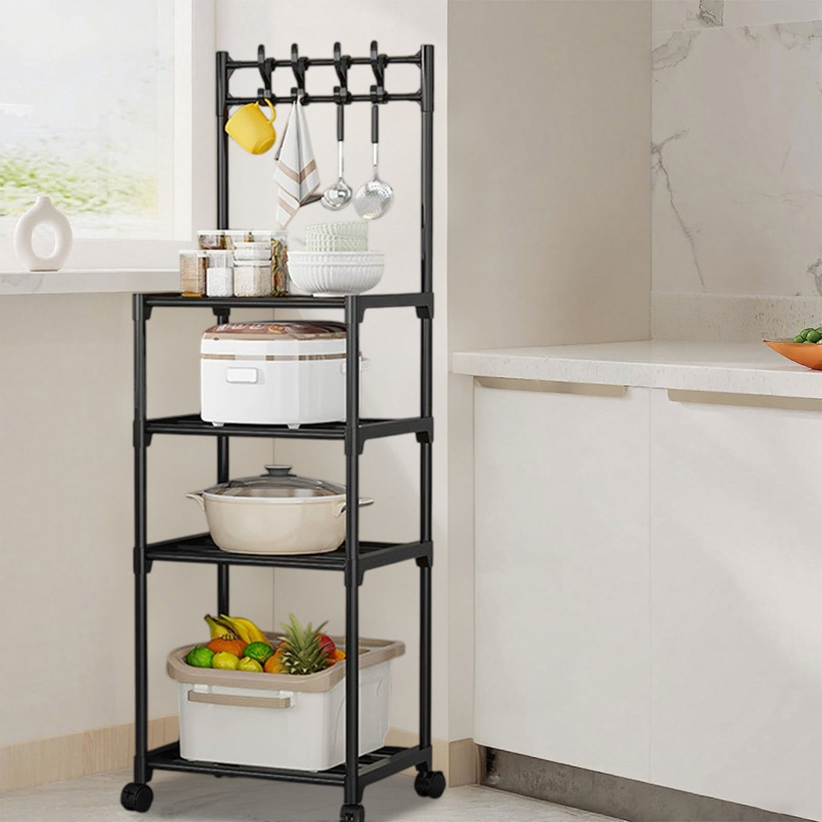 AYktou 4-Tier Bathroom Storage Shelves with Rollers, Heavy-Duty Bathroom Organizers and Storage, Kitchen Storage Shelf Snack Organizer Bookshelf Cosmetics Rack for Home Floor Storage, Black