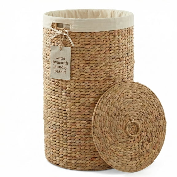 DEILSY Natural Round Water Hyacinth Wicker Basket with Lid and Removable Liner, Storage Basket with Lid and Handles, Handwoven Wicker Laundry basket for Bathroom, Bedroom, or Laundry Room