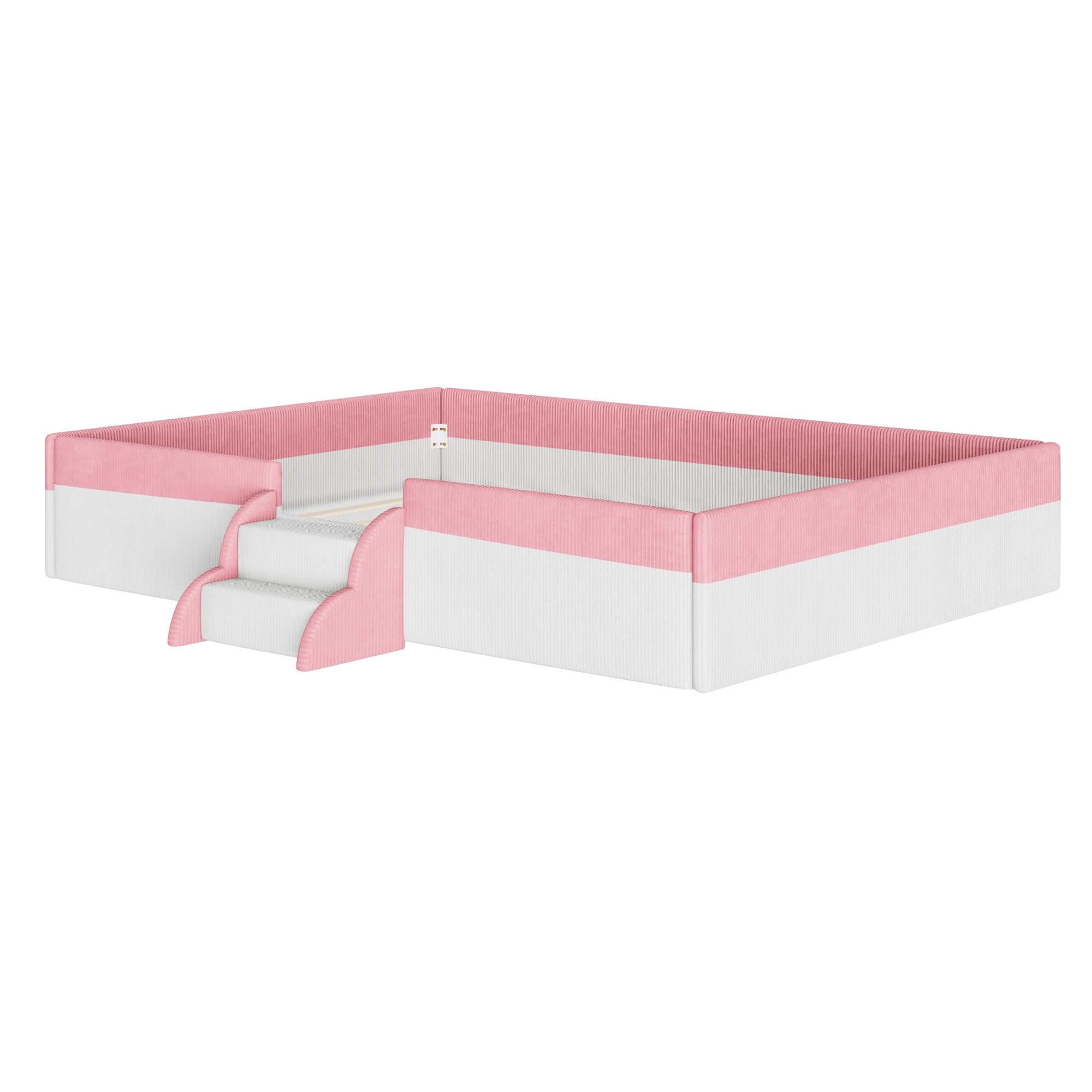 Howcool Full Size Corduroy Upholstered Floor Bed with Fence and Smart LED Lights,2-Tier Steps Platform Bed Frame,Pink+White