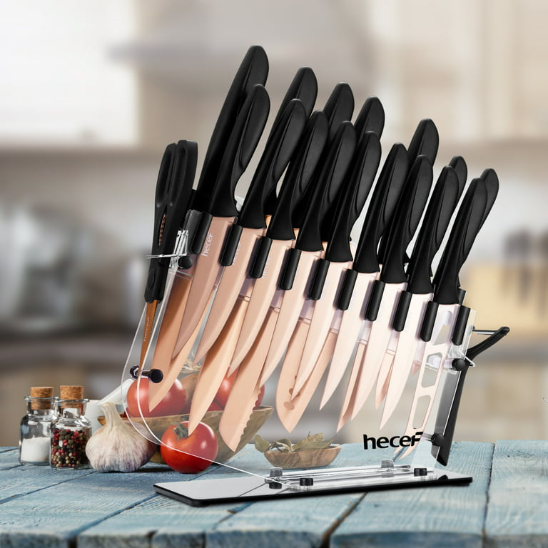 Hecef 25 PCS Kitchen Knife Set with Acrylic Stand Serrated Steak