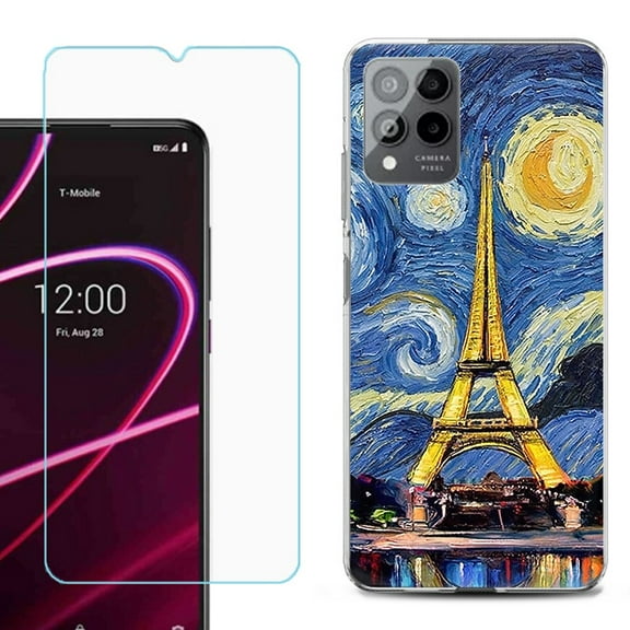 OneToughShield ® for T-Mobile Revvl 6x Pro 5G Shockproof Fashion Phone Case, with Tempered Glass Screen Protector - Starry Night Eiffel