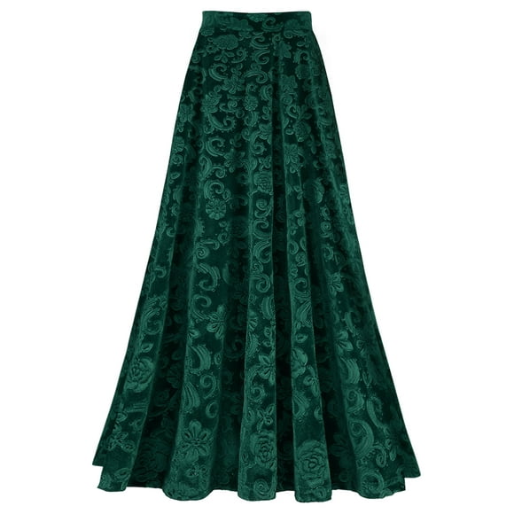 Hansber Women's Velvet Long Skirts Vintage Floral Embroidered Elastic High Waist A-Line Party Skirts Green M