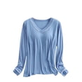 thumbnail image 2 of YHAJDS Tops for Women Trendy Solid Color V Neck Long Sleeve Built In Bra Tee, 2 of 5