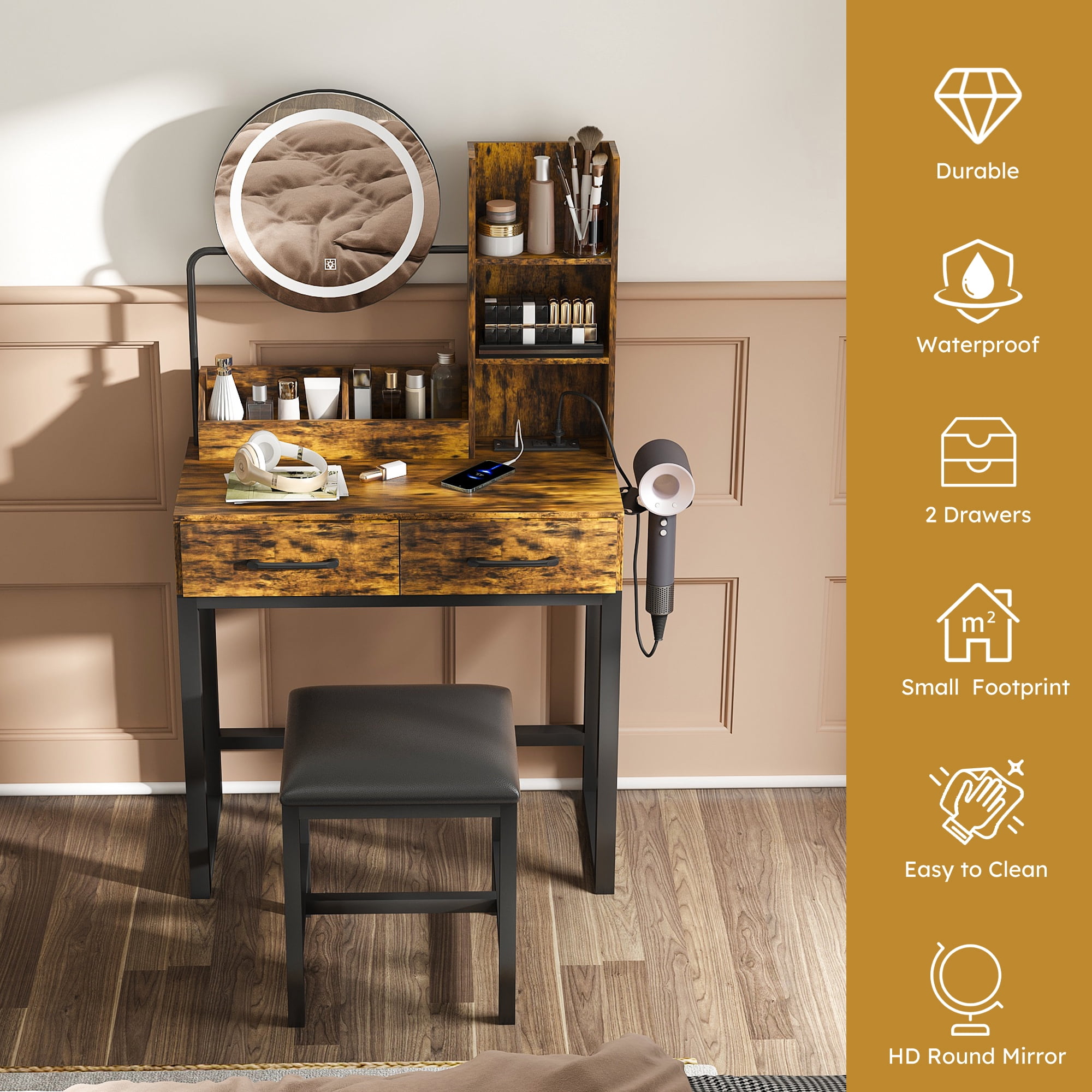 Jopath Vanity Desk with Mirror and Lights,Makeup Vanity Table with 2 Drawers and Metal Leg,Dressing Table for Bedroom,Dressing Room,Brown