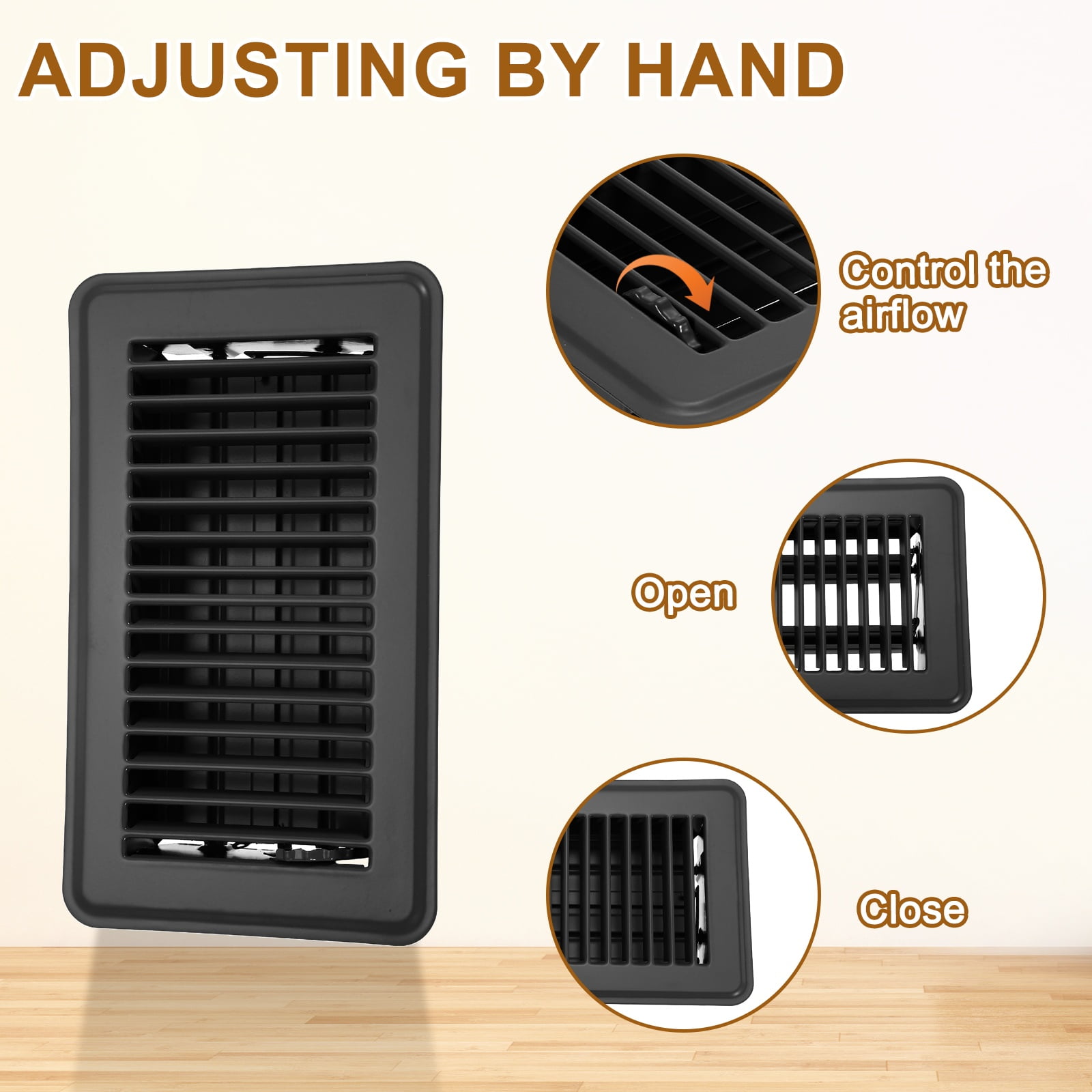 4x8 Inch Floor Vent Covers, Floor Registers Metal Walkable Air Vent Covers Easy Adjustable Air Supply Lever, Black 6 Pcs