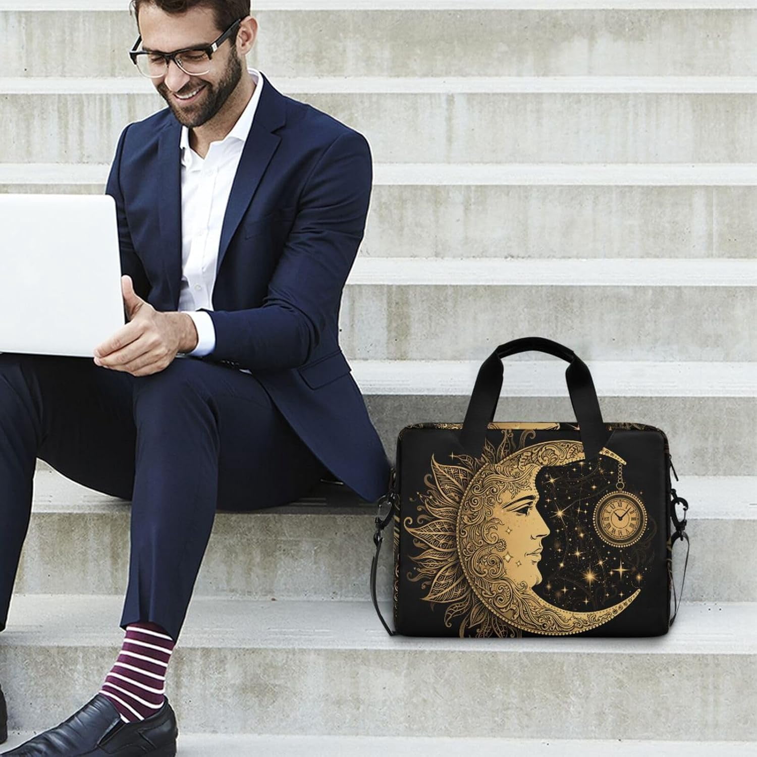 Boho Crescent Moon Sun Mandala Laptop Case Bag Sleeve Portable body Messenger Briefcase w/Strap Handle, 13 14 15.6 inch