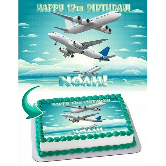 SugarMeLicious Airplane Cake Image Topper, Personalized 1/4 Sheet Birthday Cake Banner for Parties, Edible Cake Image Topper