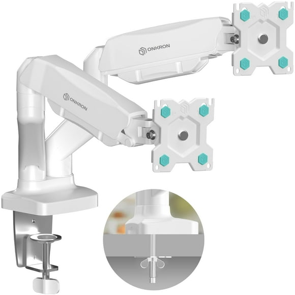 ONKRON Double Monitor Mount Arm for Two 13-32 Inch Screens up to 17.6 lbs, Gas Spring Dual Monitor Arm Desk Mount 75x75 / 100x100 VESA - Rotation Tilt & Swivel Computer Monitor Mount for Desk White