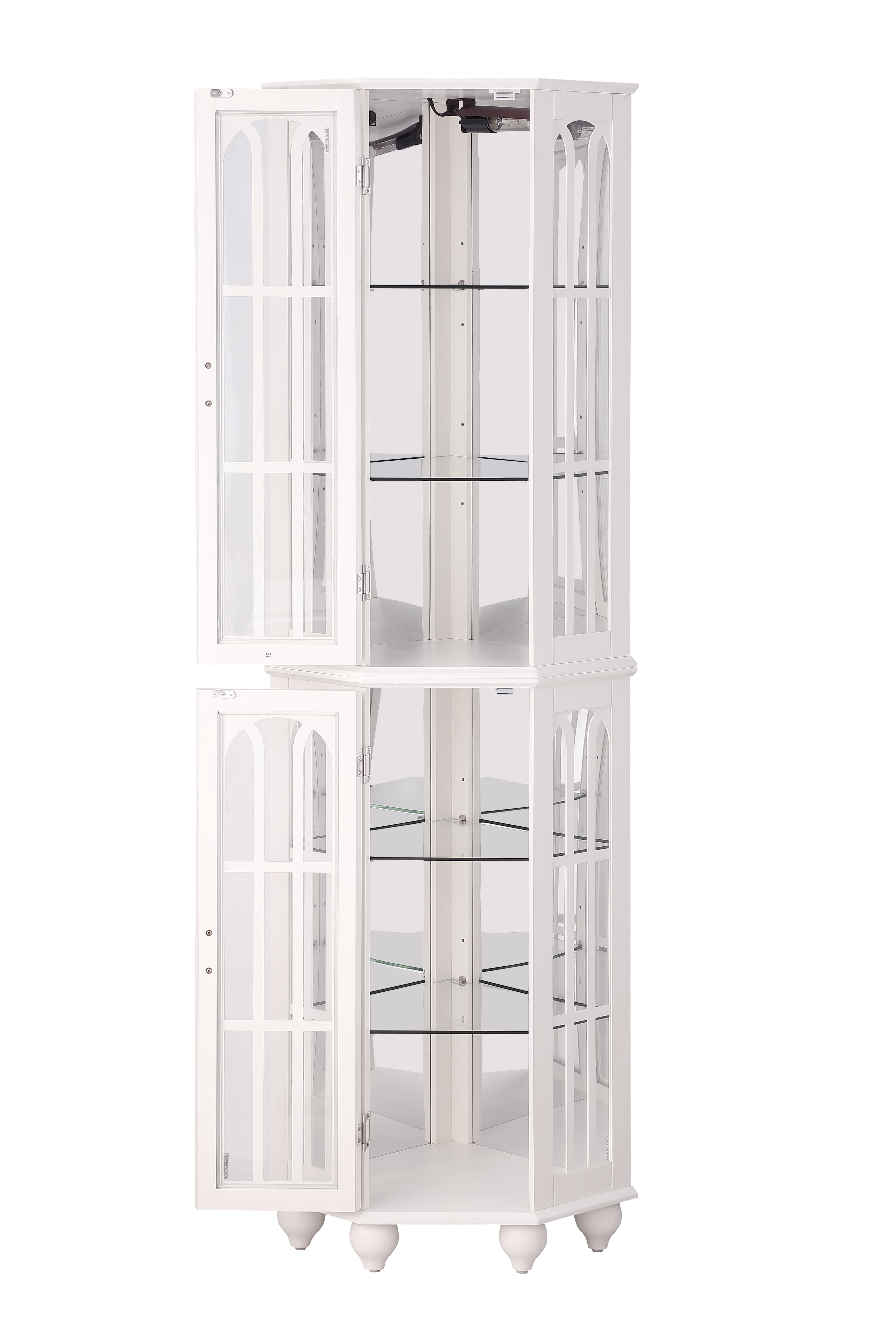 mayceyee Lighted 3-Side Corner Cabinet, 72" Tall Curio Display Cabinet with 4 Adjustable Tempered Glass Shelves, Curved Wood Corner Storage Decoration Rack for Living room & Bedroom Loraine (White)