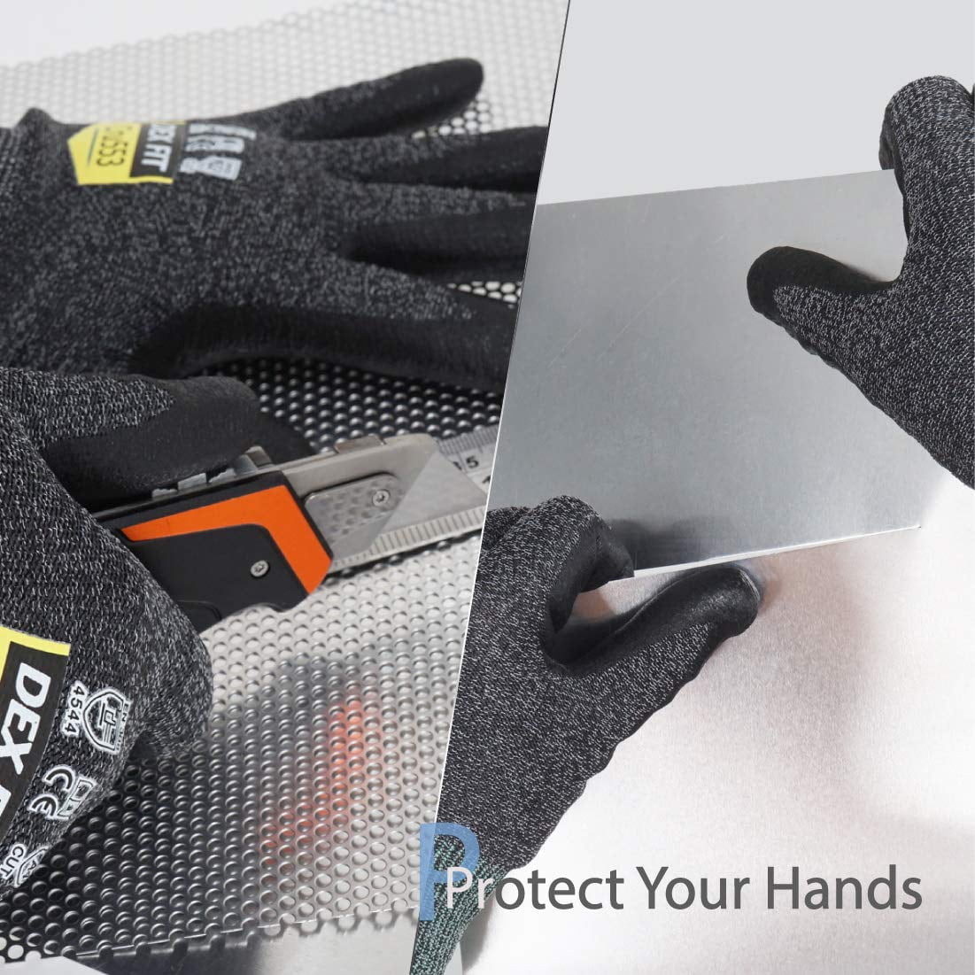 Dex Fit CRU553 BlackGrey Level 5 Cut Resistant Gloves (Power Grip, Durable Foam, Large) - 3 Pair