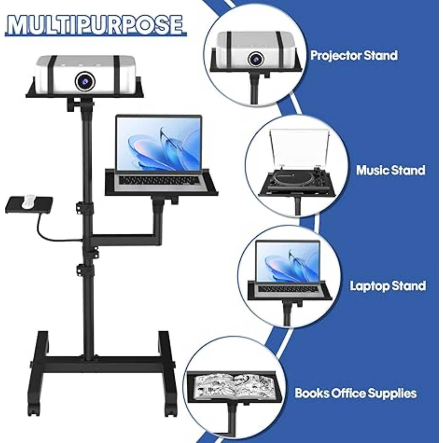 2 Shelves Mobile Projector Stand, Rolling Laptop Stand Adjustable Height to 47 Inches, Podium Stands with Ventilated Tray, Heavy Duty, Laptop Floor Stand for Office, Home, Stage