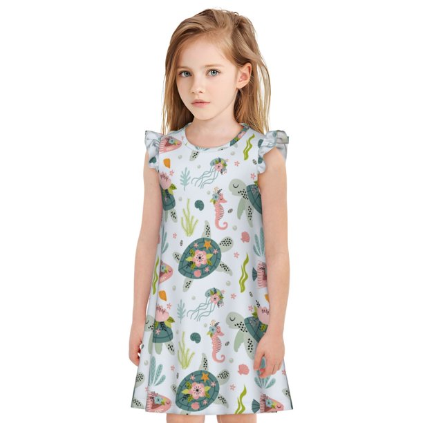 Fotbe Sea Animal Vestido de Dormir para Niñas de 3 a 10 Años, Mangas Cortas, Estilo Princesa, Pijama Camisón con Mangas Voladas-XX-Large