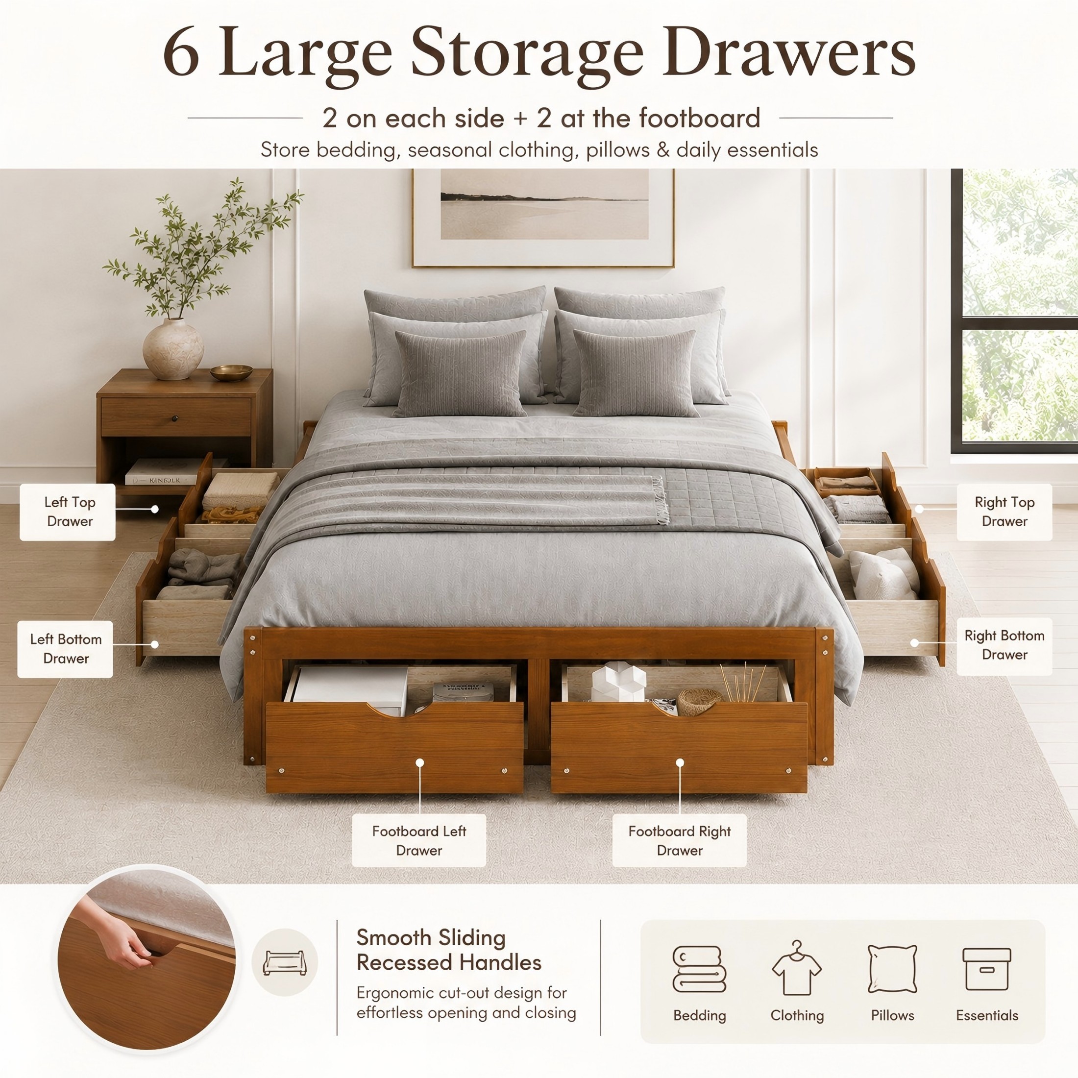 Aukfa Queen Size Bed Frame with 6 Storage Drawers, Farmhouse Captain Platform Bed, Walnut