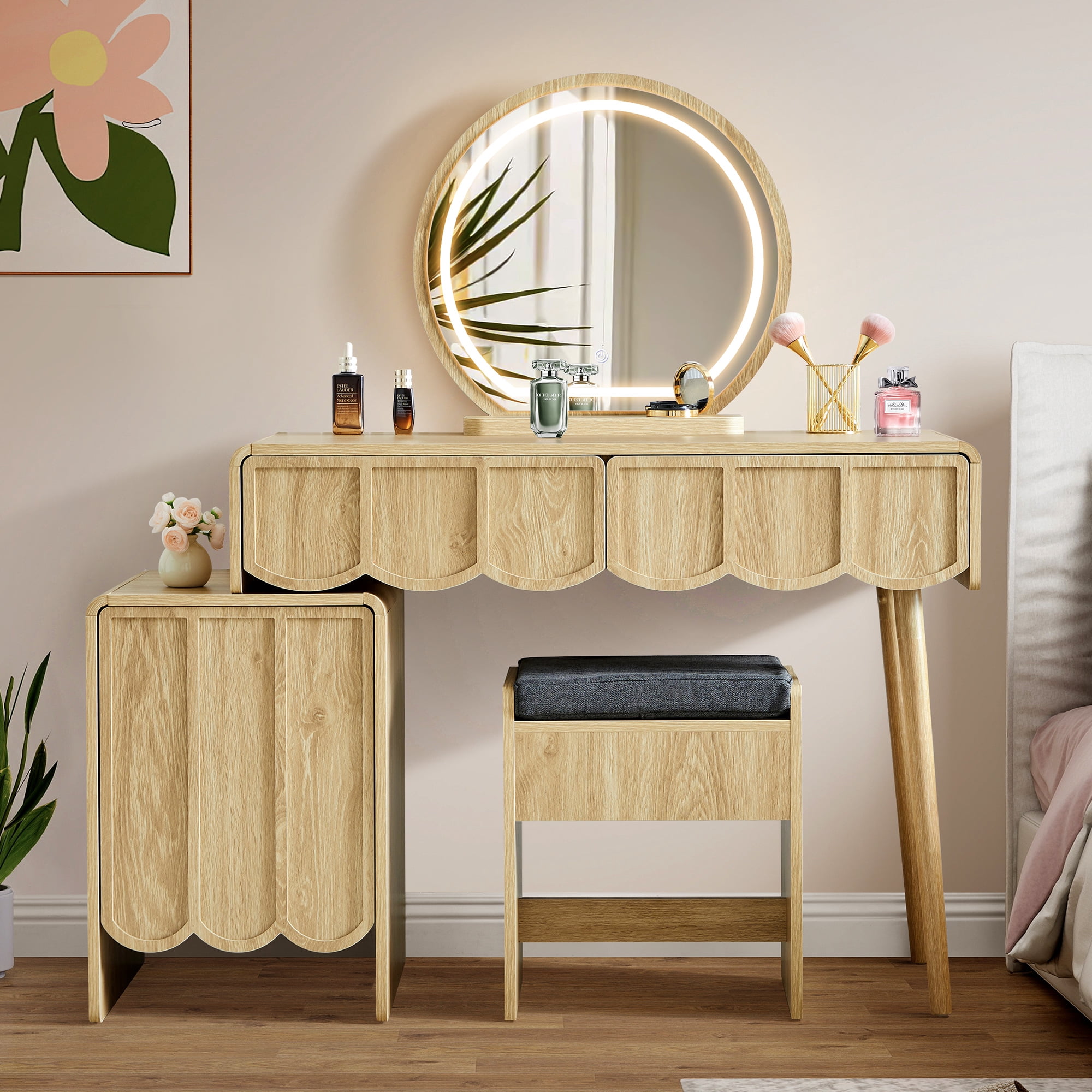 Wirrytor Farmhouse Vanity Desks with Light Mirrors, Makeup Vanity with 2 Drawers and 1 Storage Cabinet, Vanity Set for Bedroom, Wave Panel ,Walnut